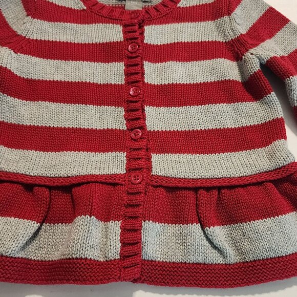 Baby Gap Girl 12-18 m  Red & Gray Striped Knit Cardigan  Heart Elbow Patches - Picture 2 of 8